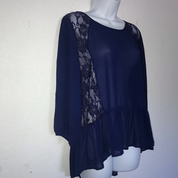 2/$20 Charming Charlie Chiffon & Lace Ruffle Navy Top L - Picture 4 of 5